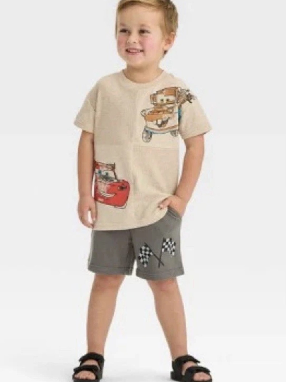 Beige Cars Graphic Kids Matching Set - Neutral